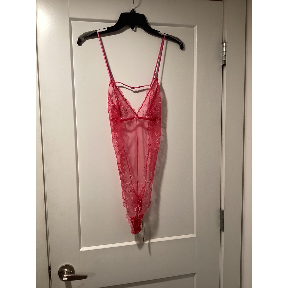SKIMS Embroidered Tulle Teddy Punch Pink Heart Bodysuit Mens L